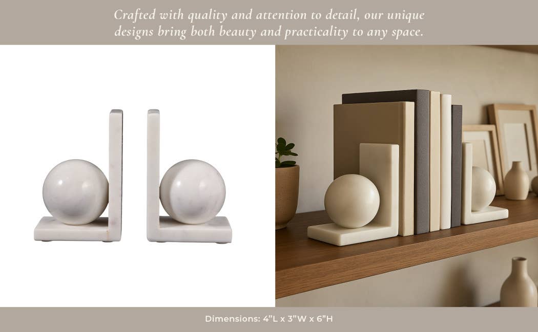 Bookends Set of 2 - White Marble Modern Orb, 6 in.