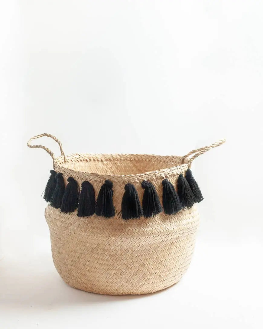 Black Tasseled Belly Basket - Niko and Me