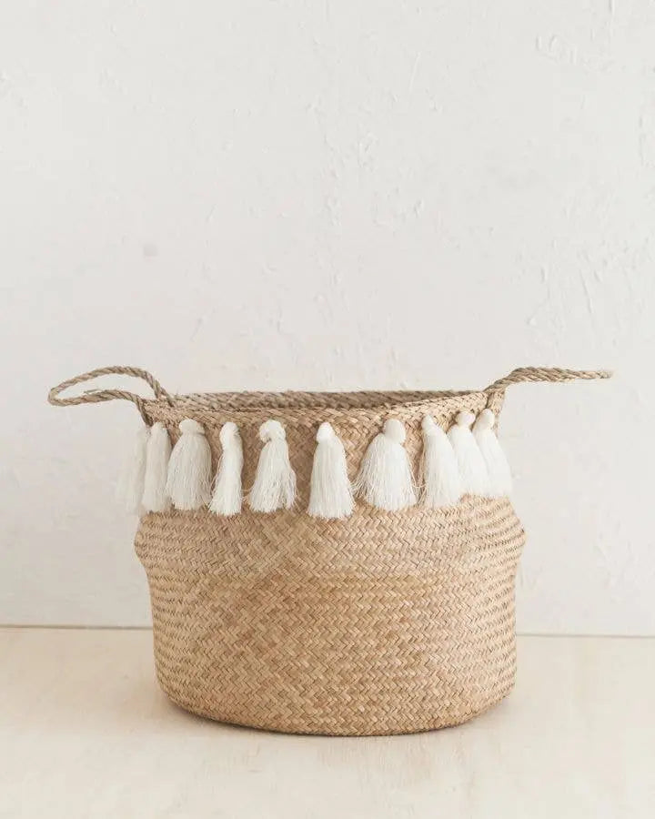 White Tasseled Belly Basket - Niko and Me