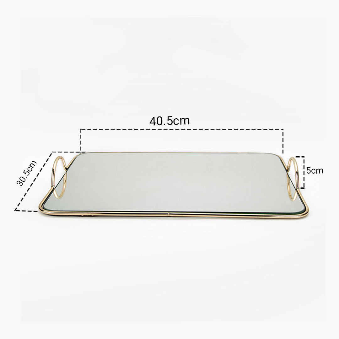 40.5cm Gold Flat-Lay Mirror Glass Metal Vanity Tray with Handles