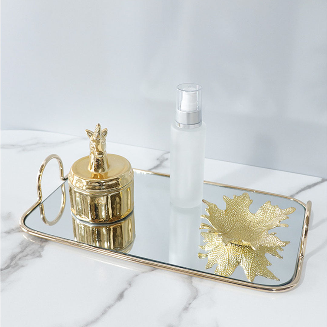 40.5cm Gold Flat-Lay Mirror Glass Metal Vanity Tray with Handles