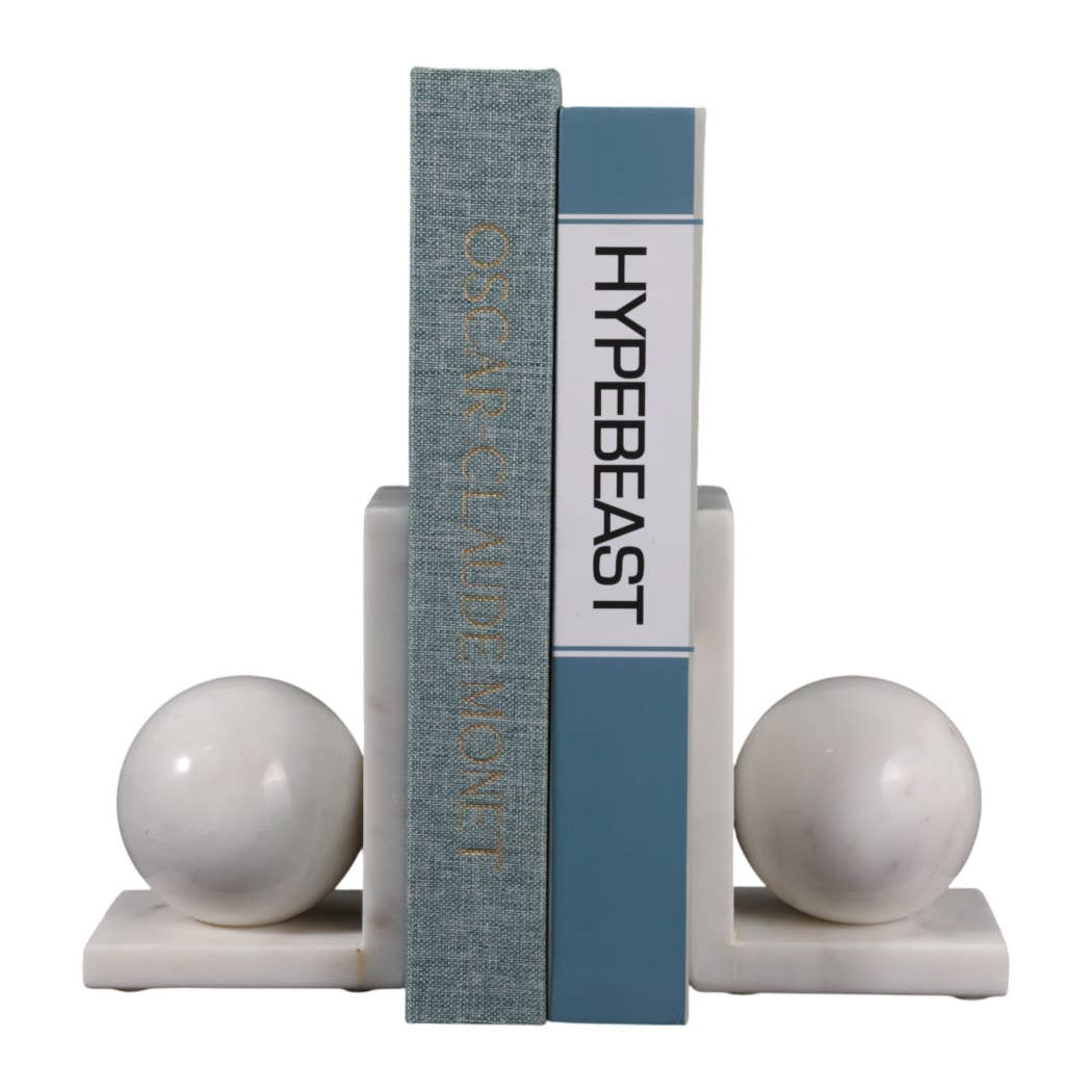 Bookends Set of 2 - White Marble Modern Orb, 6 in.