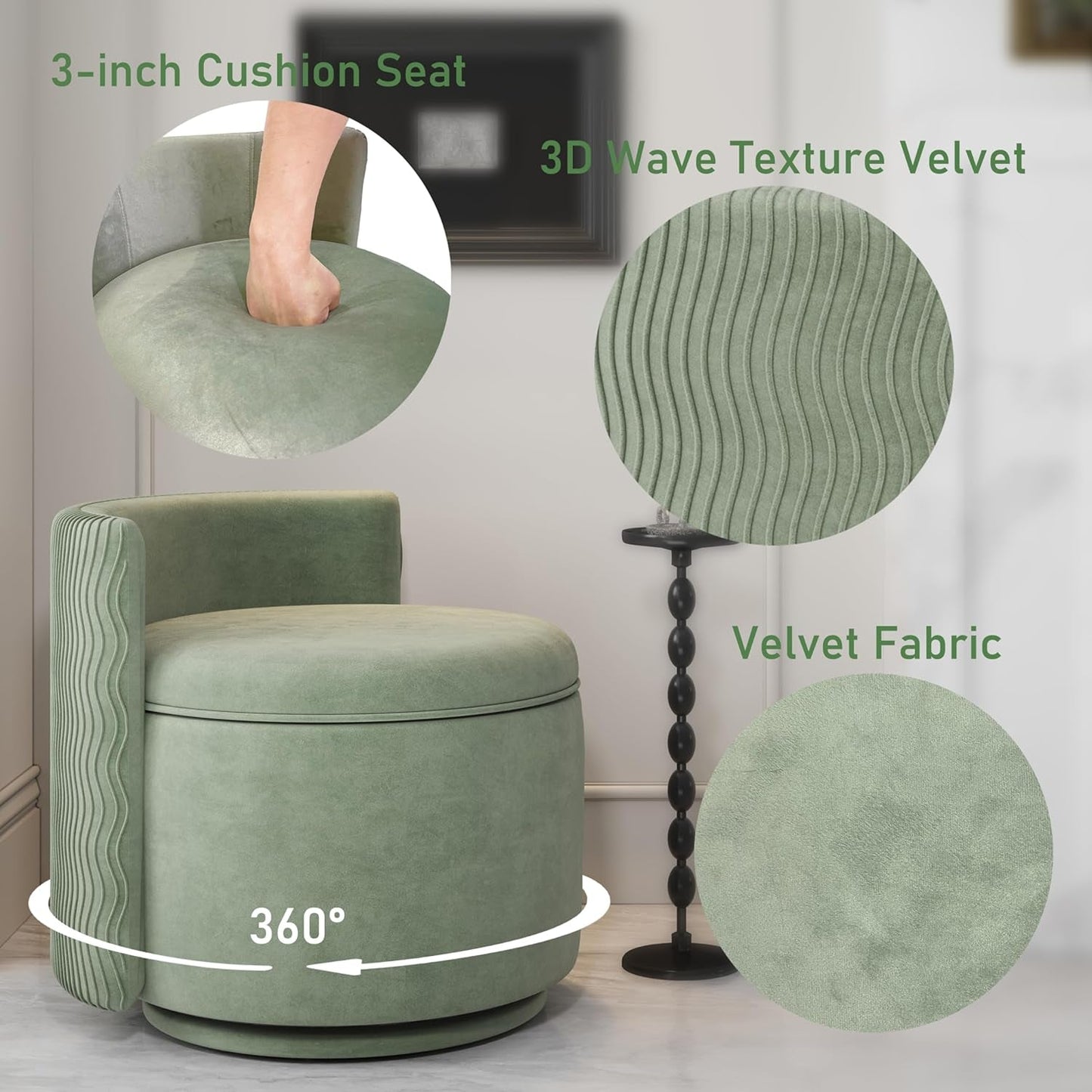 Emerald Velvet Vanity Ottoman With 360DegreeSwivel-3