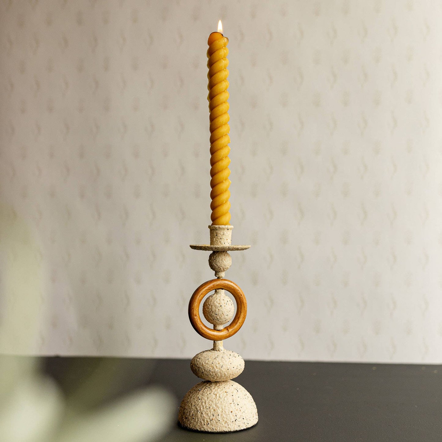 Sculptural Metal Taper Candle Holder – Cream Speckled Finish