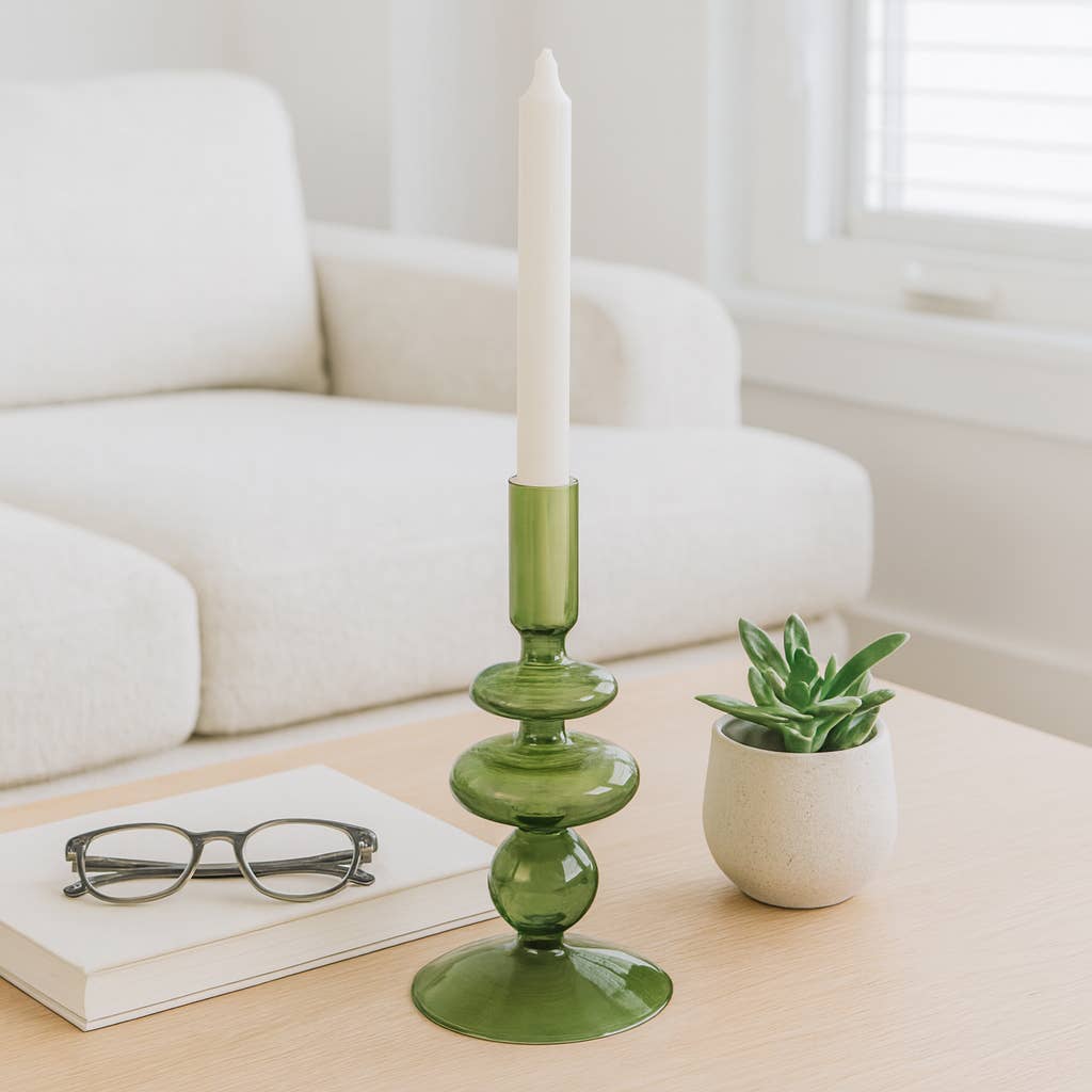 Glass Vintage Bubble Taper Candle Holder - Green 7 in.
