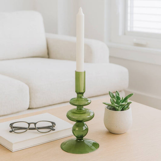 Glass Vintage Bubble Taper Candle Holder - Green 7 in.