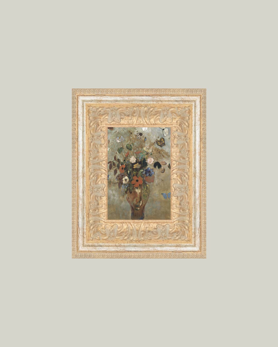 Flower Butterfly Vase Framed Antique Art 10x12