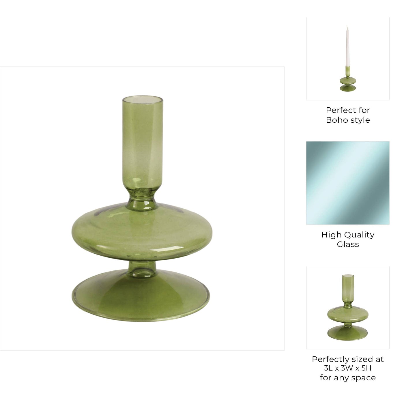 Glass Vintage Abstract Taper Candle Holder - Green 5 in.