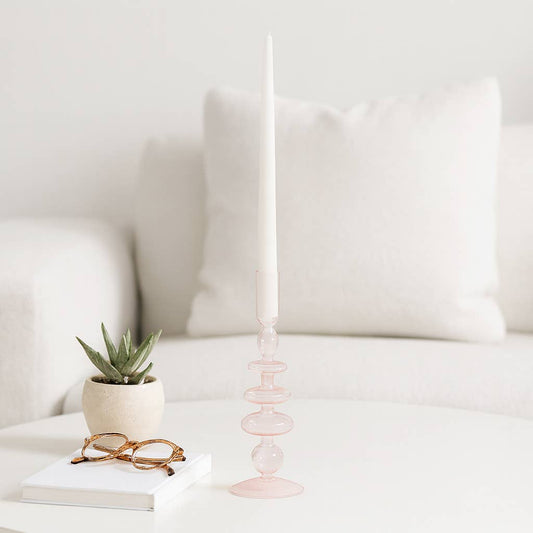 Glass Vintage Sculptural Taper Candle Holder - Pink 11 in.