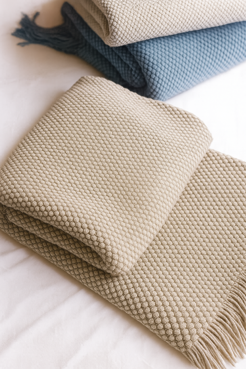 Khaki Textured Knit Throw Blanket with Fringe 50" x 60"