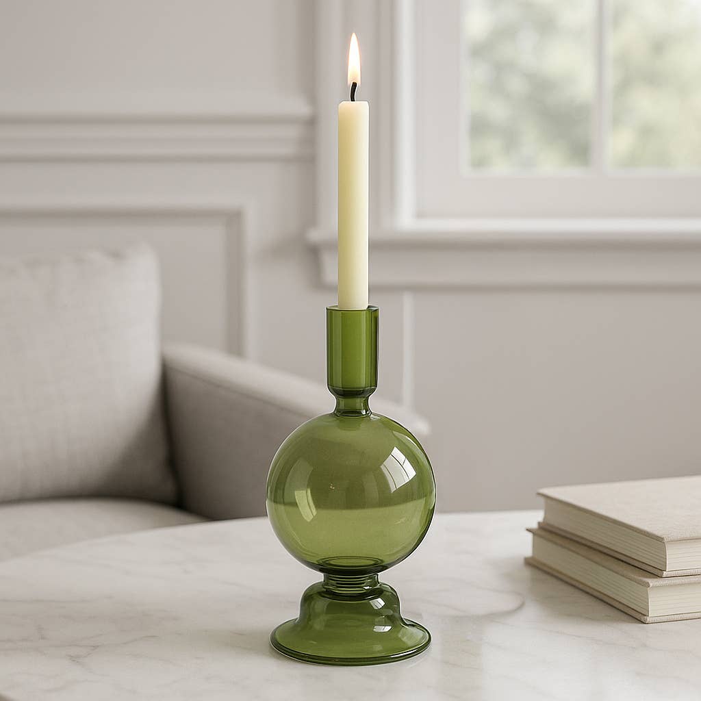 Glass Abstract Bubble Taper Candle Holder - Green 7 in.