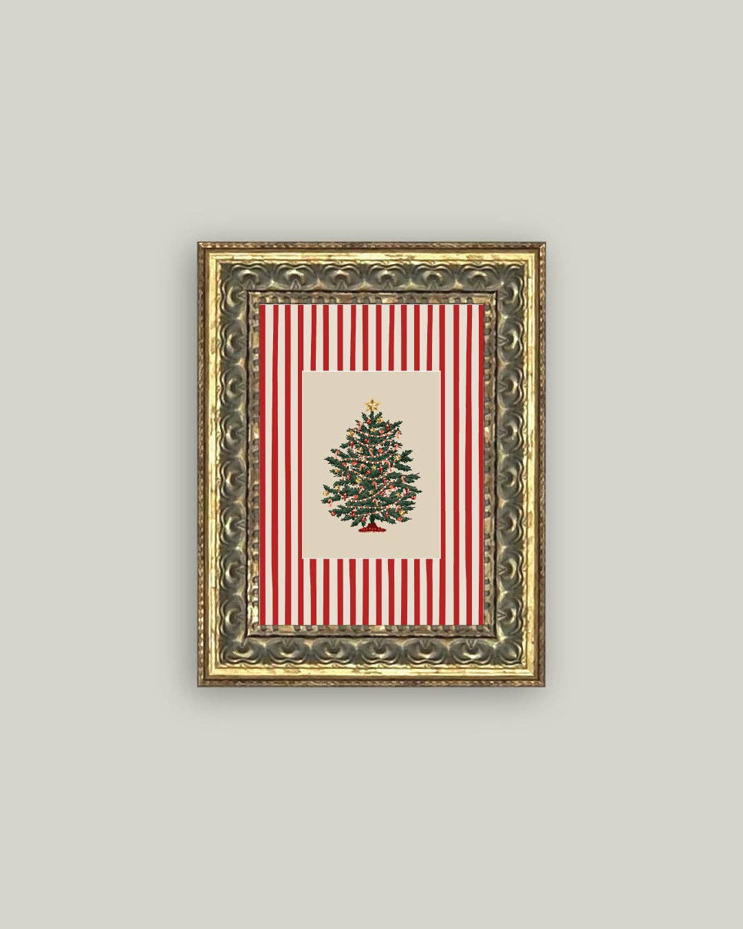 Peppermint Stripe Tree Framed Antique Art 5x7