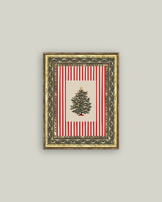 Peppermint Stripe Tree Framed Antique Art 5x7