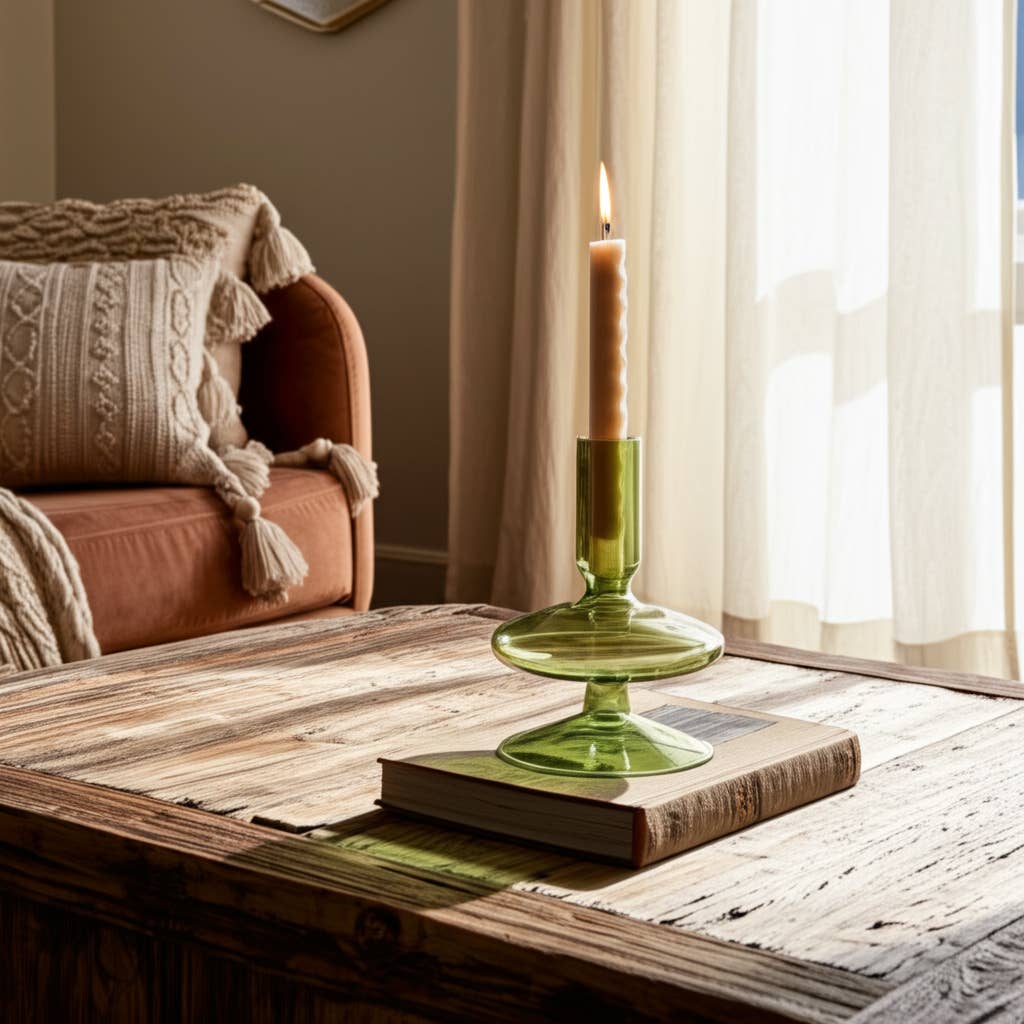 Glass Vintage Abstract Taper Candle Holder - Green 5 in.