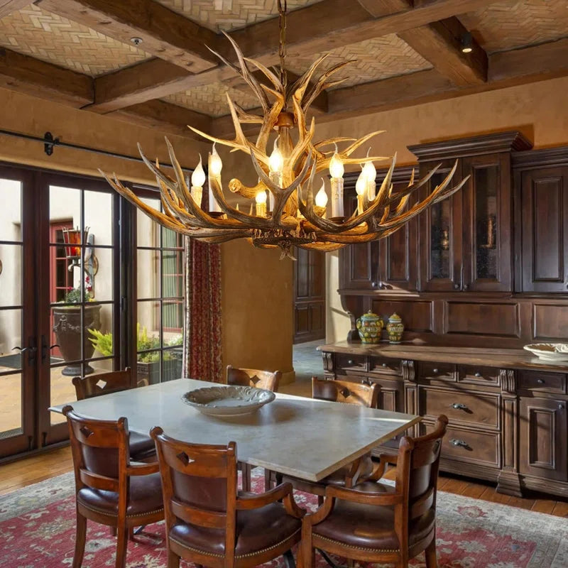 Antler Chandelier Lighting Double Layer, 14 Antlers + 8 Lights Retro Country Style Deer Horn Chandelier Lighting with E12 Base, Antler Lamp for Cafes, Bars, Kitchen