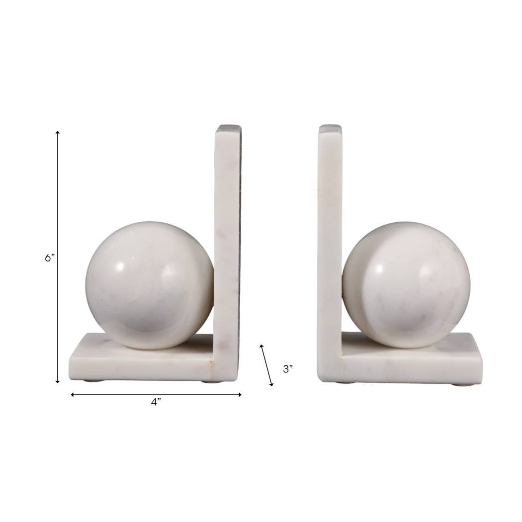 Bookends Set of 2 - White Marble Modern Orb, 6 in.