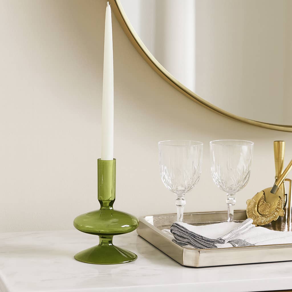 Glass Vintage Abstract Taper Candle Holder - Green 5 in.