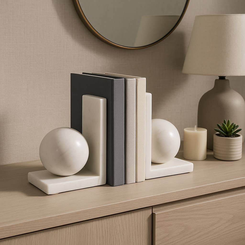 Bookends Set of 2 - White Marble Modern Orb, 6 in.