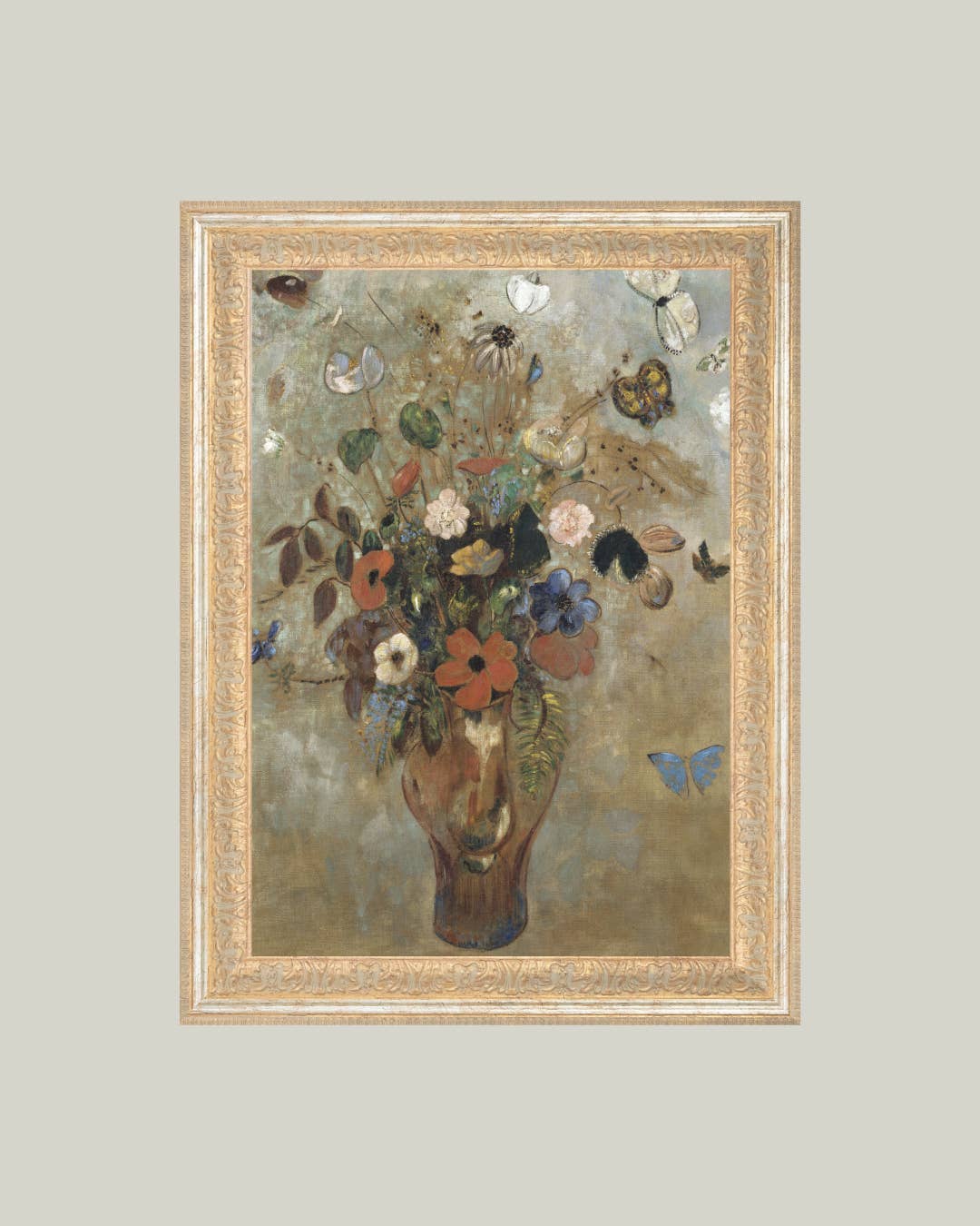Flower Butterfly Vase Framed Antique Art 10x12