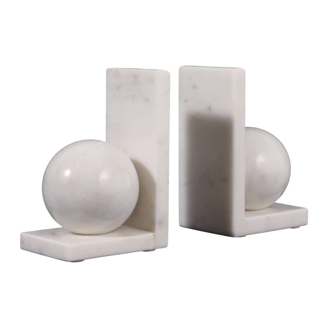 Bookends Set of 2 - White Marble Modern Orb, 6 in.