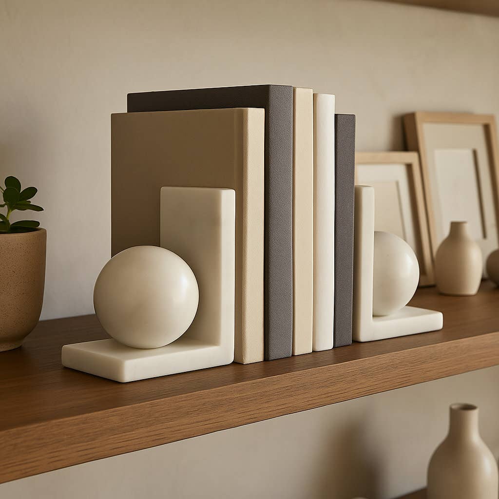 Bookends Set of 2 - White Marble Modern Orb, 6 in.