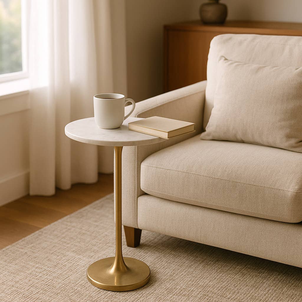 End Table - Gold/White Marble Top Metal Round Base, 24 in.