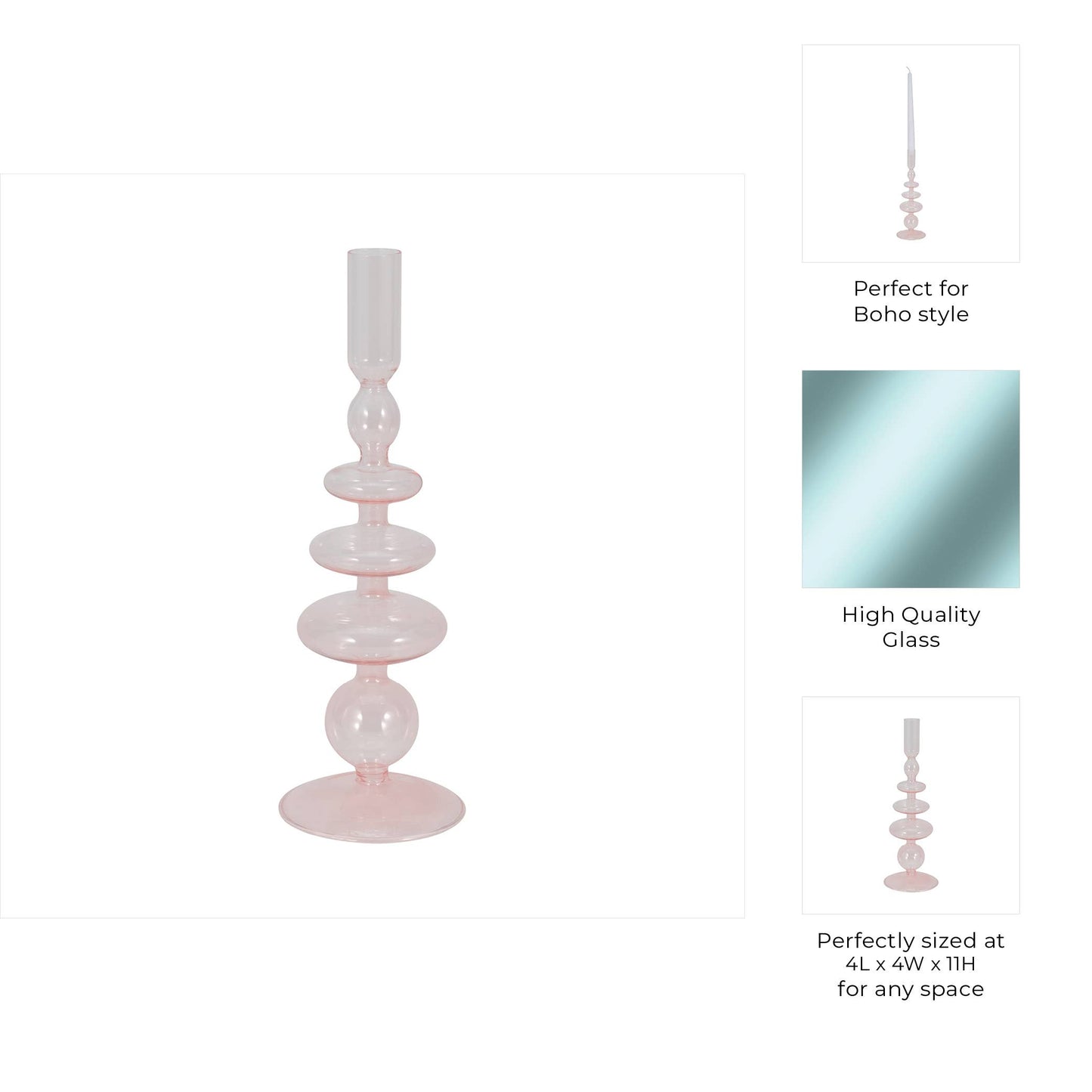 Glass Vintage Sculptural Taper Candle Holder - Pink 11 in.