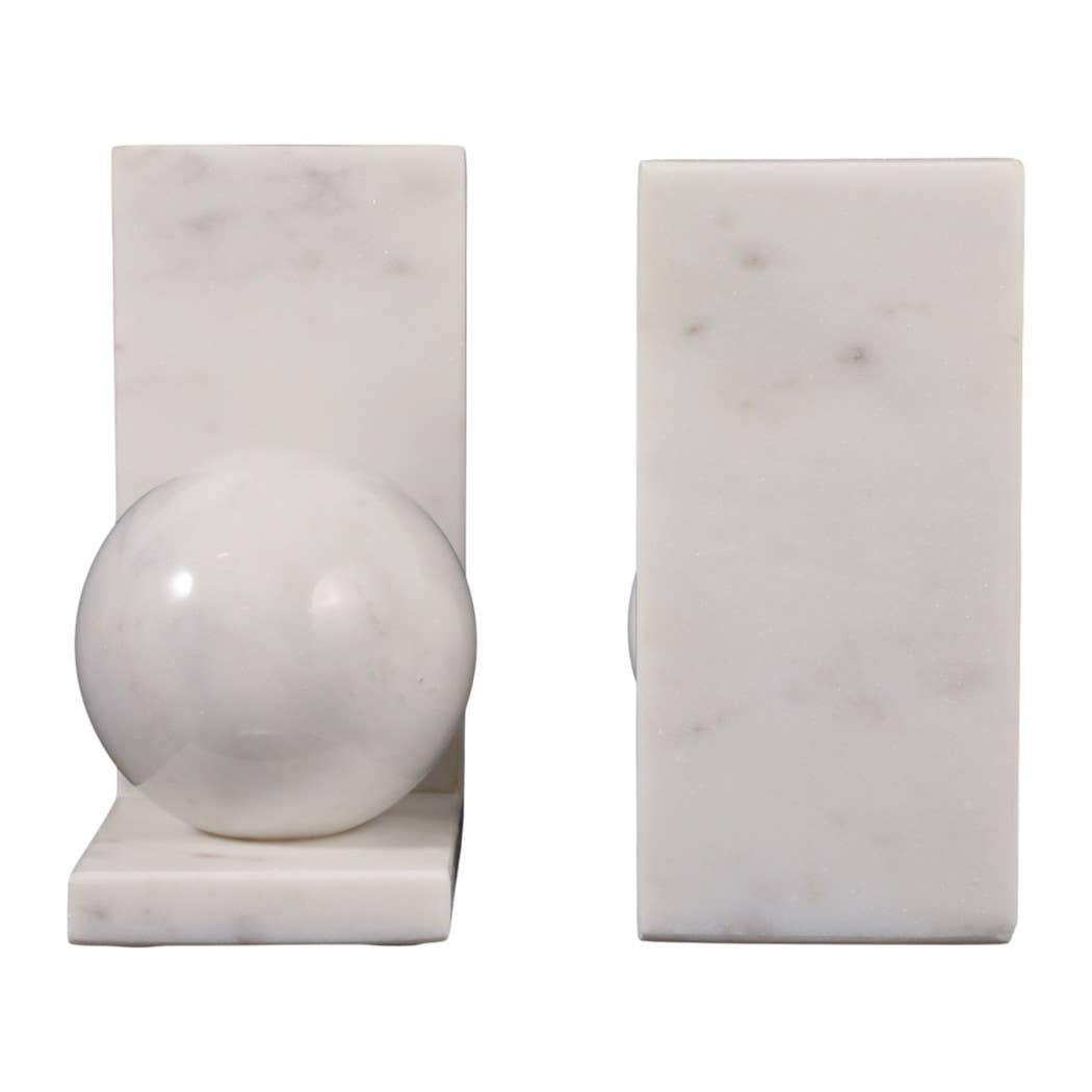Bookends Set of 2 - White Marble Modern Orb, 6 in.