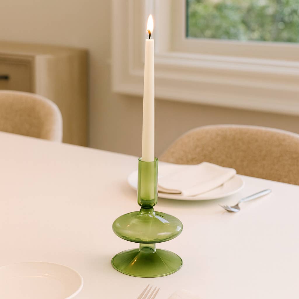 Glass Vintage Abstract Taper Candle Holder - Green 5 in.