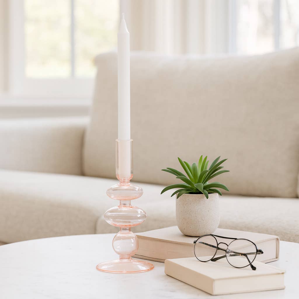 Glass Vintage Sculptural Taper Candle Holder - Pink 7 in.