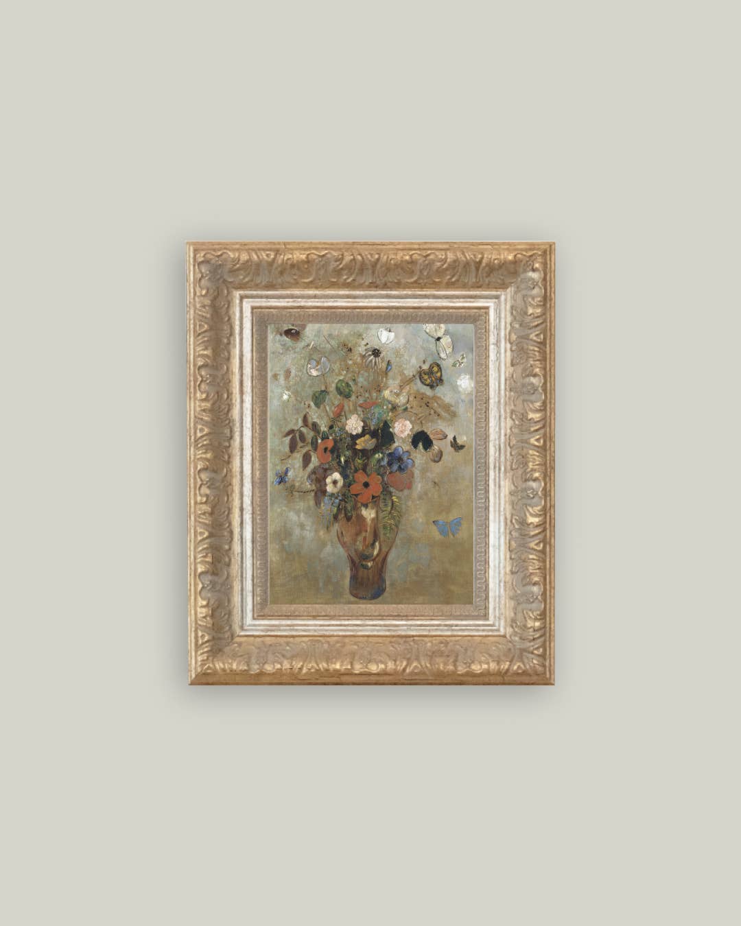 Flower Butterfly Vase Framed Antique Art 10x12