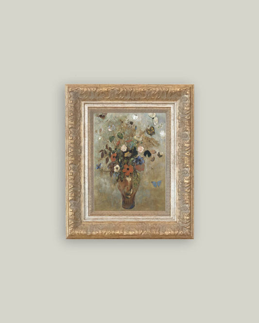 Flower Butterfly Vase Framed Antique Art 10x12