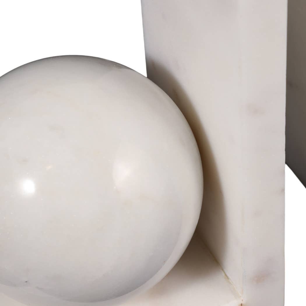 Bookends Set of 2 - White Marble Modern Orb, 6 in.