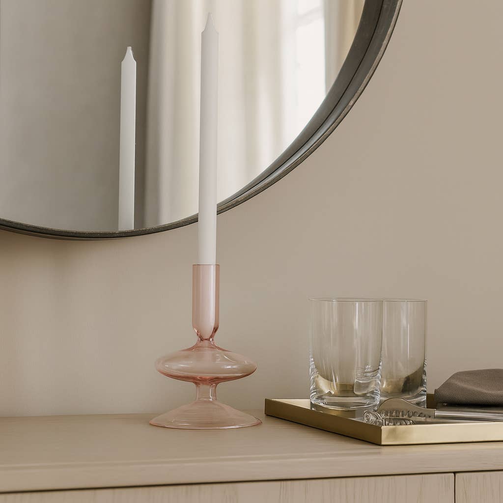 Glass Vintage Bubble Taper Candle Holder - Pink 5 in.