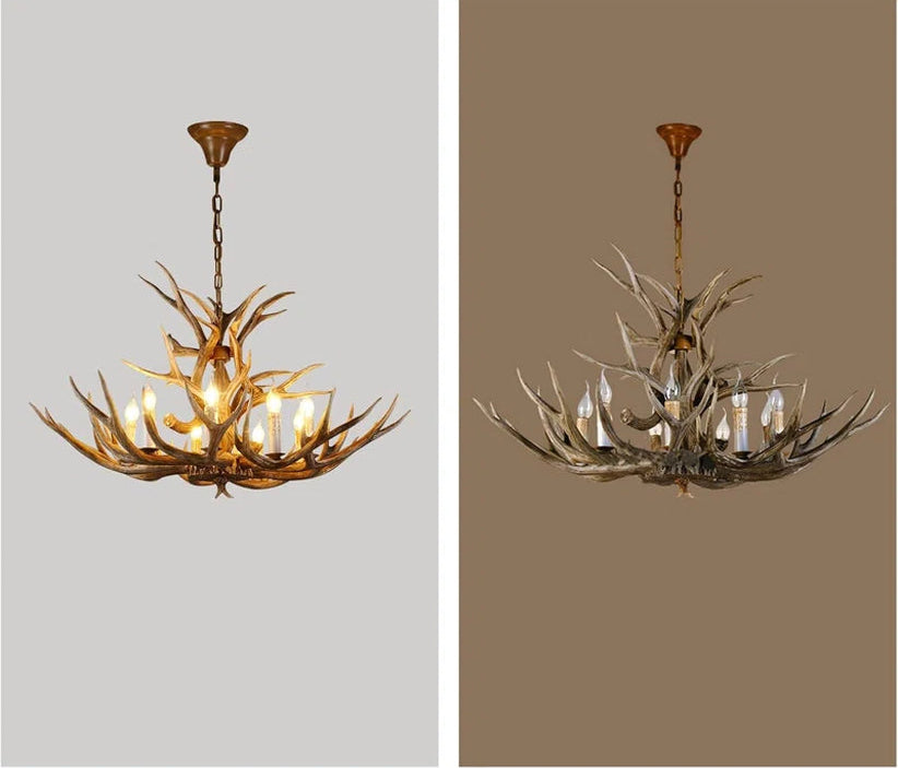 Antler Chandelier Lighting Double Layer, 14 Antlers + 8 Lights Retro Country Style Deer Horn Chandelier Lighting with E12 Base, Antler Lamp for Cafes, Bars, Kitchen