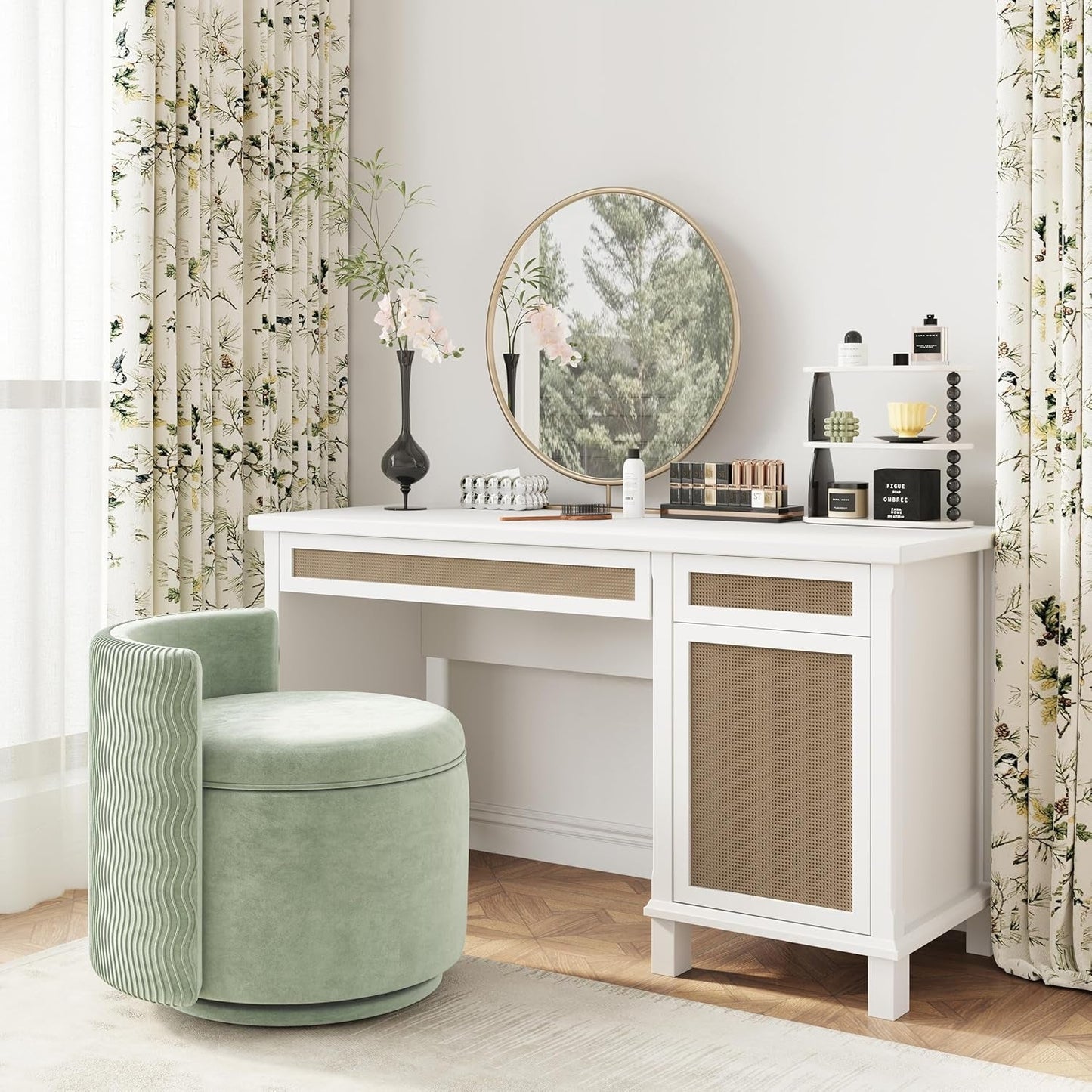 Emerald Velvet Vanity Ottoman With 360DegreeSwivel-1