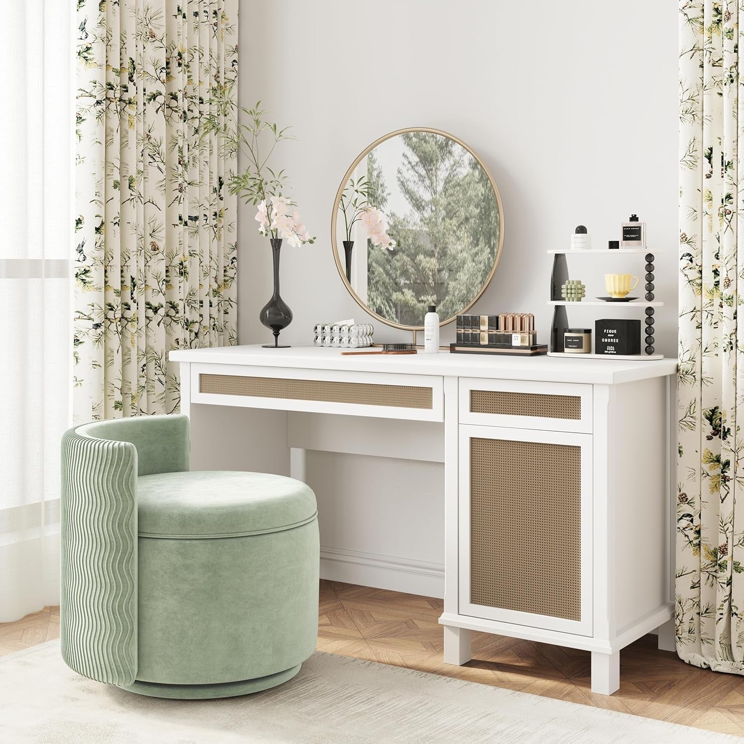 Emerald Velvet Vanity Ottoman With 360DegreeSwivel-1