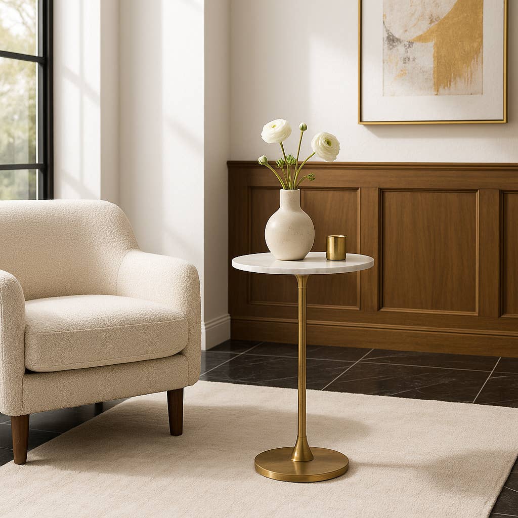 End Table - Gold/White Marble Top Metal Round Base, 24 in.