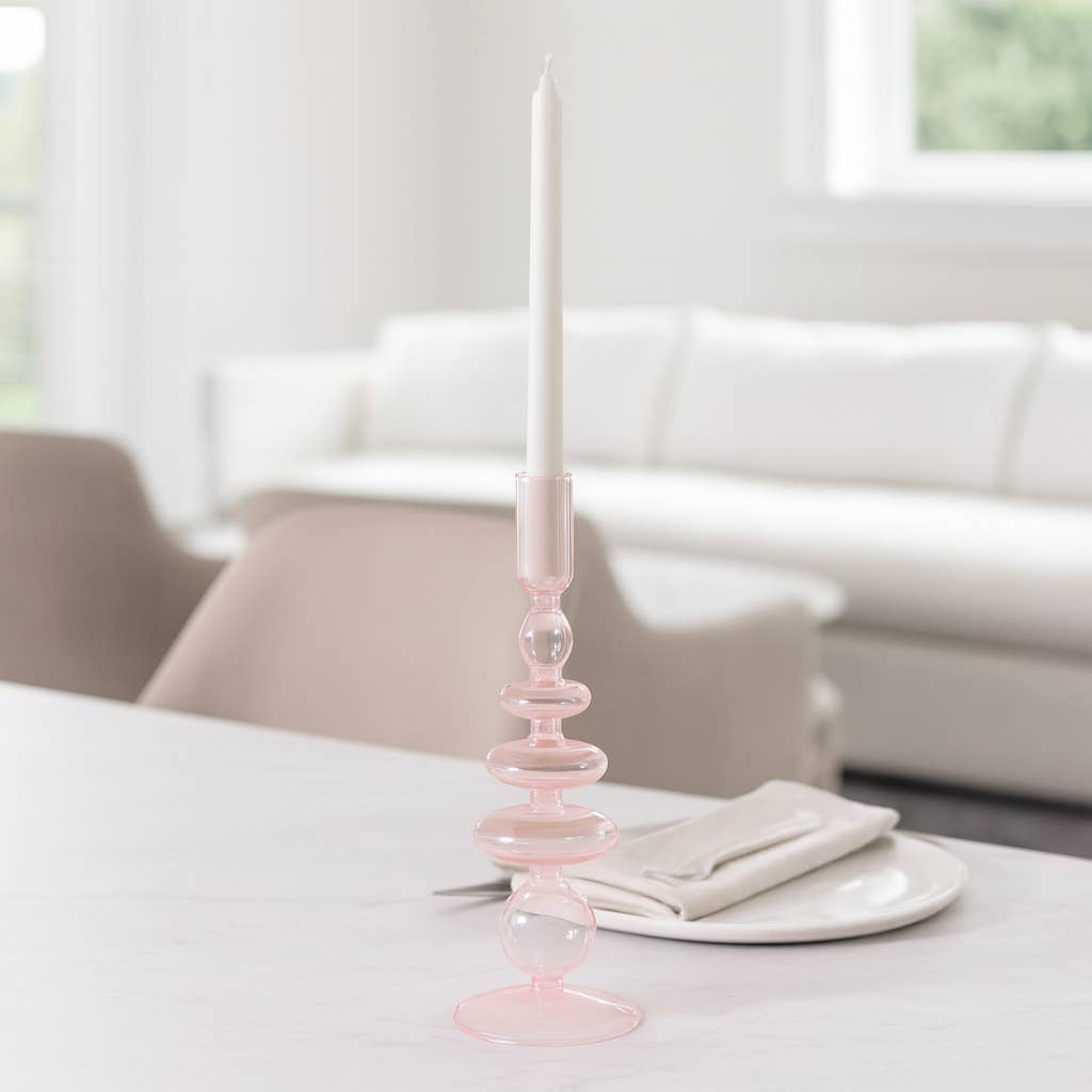 Glass Vintage Sculptural Taper Candle Holder - Pink 11 in.