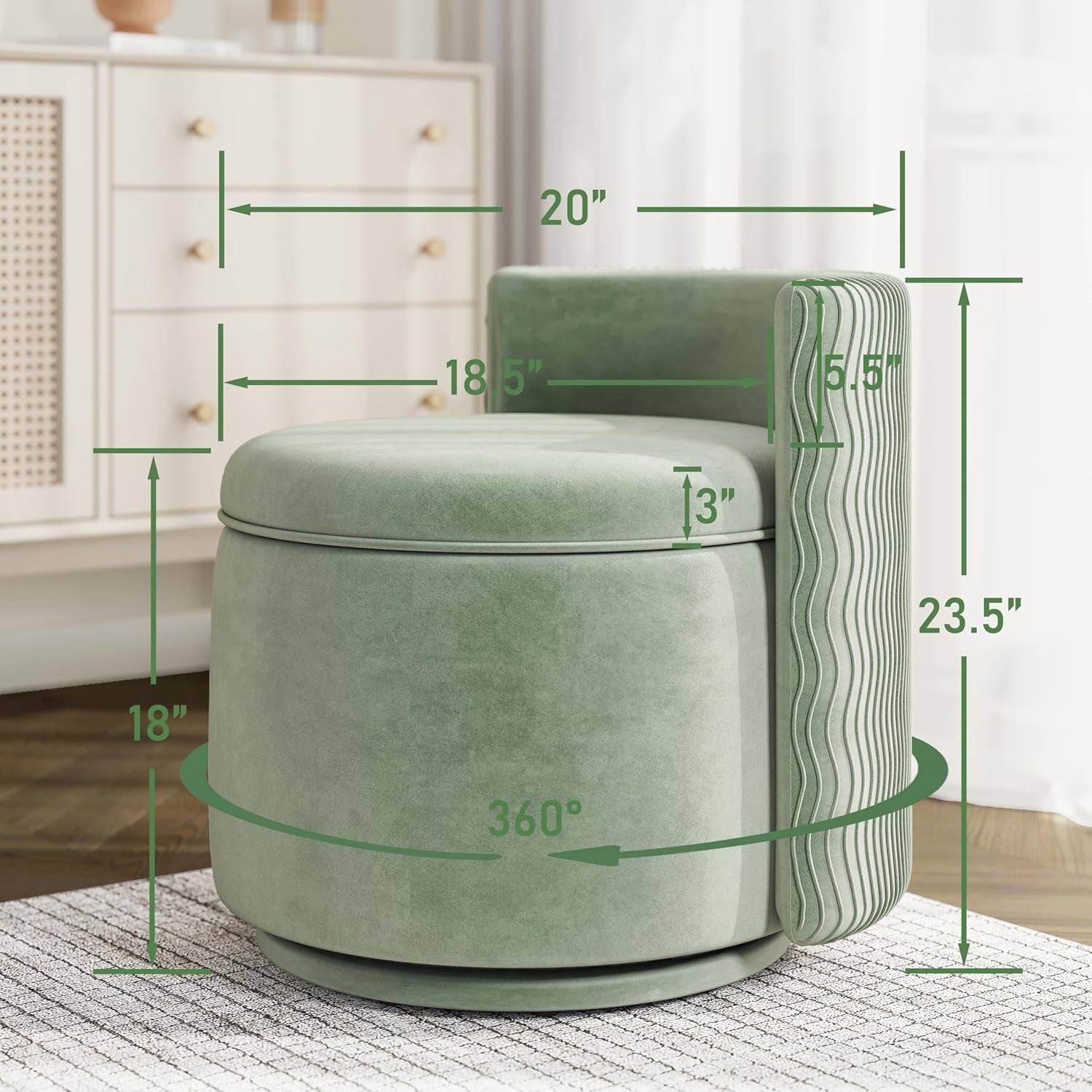 Emerald Velvet Vanity Ottoman With 360DegreeSwivel-2