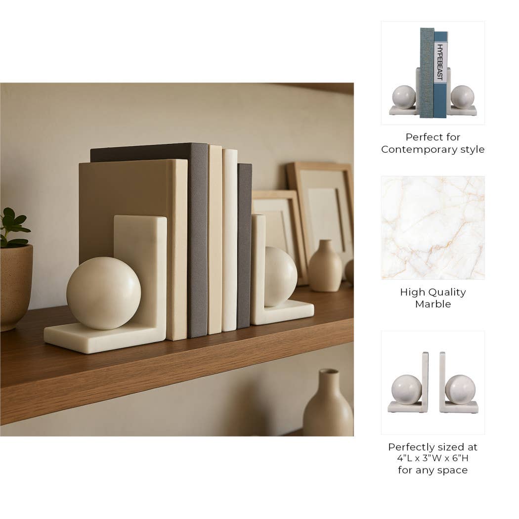 Bookends Set of 2 - White Marble Modern Orb, 6 in.