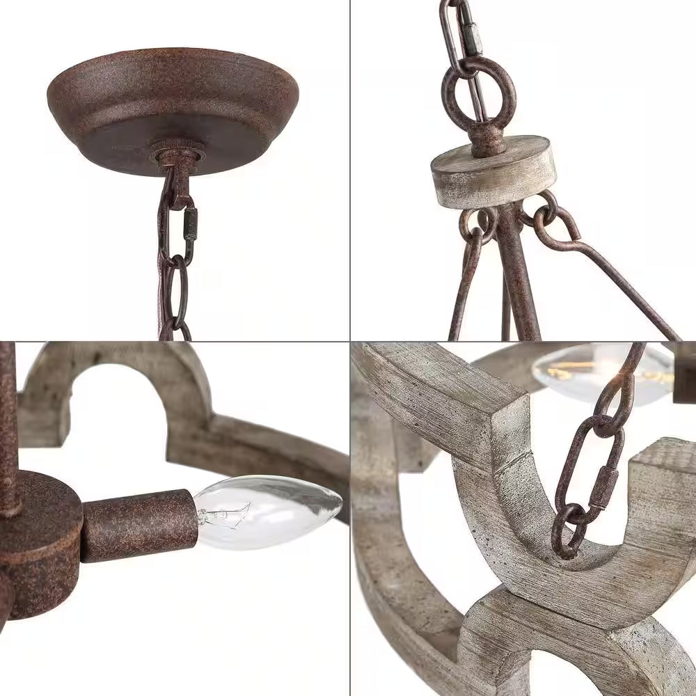 Modern Farmhouse Solid Wood Drum Island Chandelier 3-Light Rustic Brown Pendant Light for Dining Room Kitchen Entryway