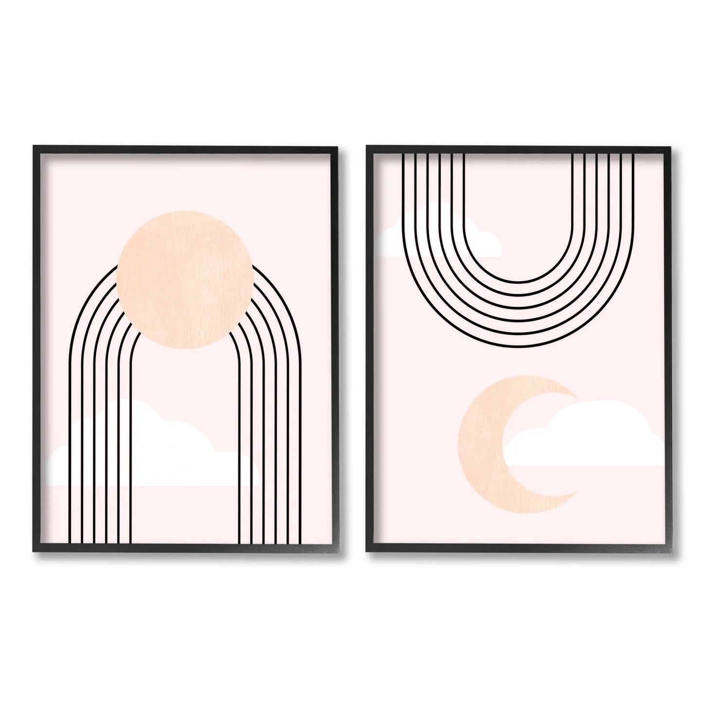 Rising Sun Rainbow Crescent Moon Abstract Sky 2pc Framed Niko and Me Home Decor