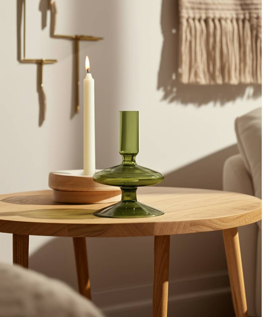 Glass Vintage Abstract Taper Candle Holder - Green 5 in.