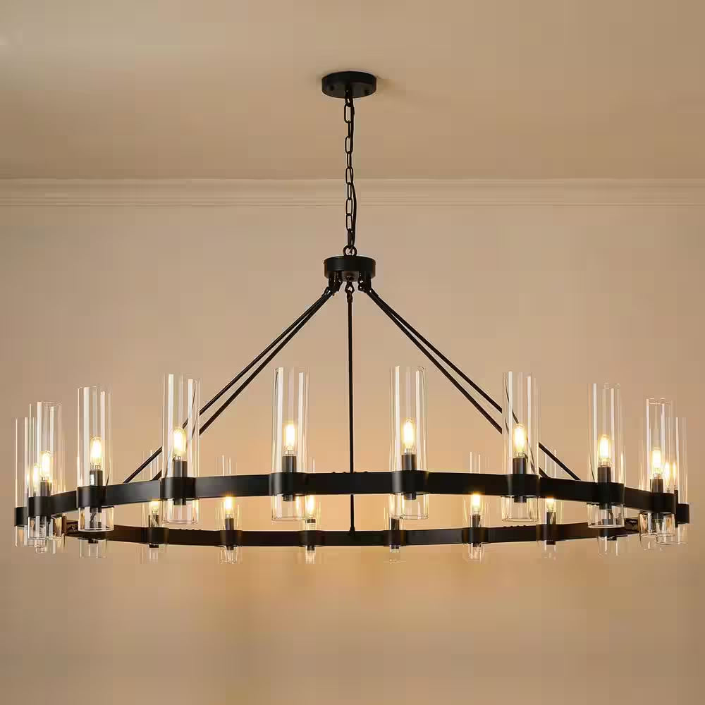 Farmhouse Chandelier 60 In. 20-Light Black Wagon Wheel Chandelier for Dinning Room, Kitchen Island, Foyer, Bedroom