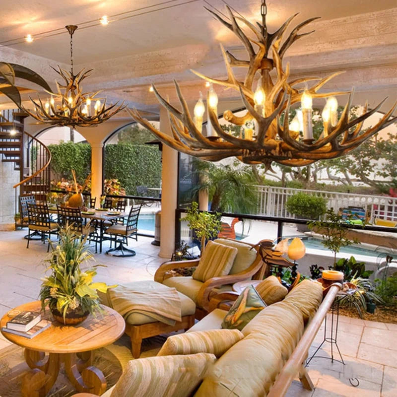 Antler Chandelier Lighting Double Layer, 14 Antlers + 8 Lights Retro Country Style Deer Horn Chandelier Lighting with E12 Base, Antler Lamp for Cafes, Bars, Kitchen