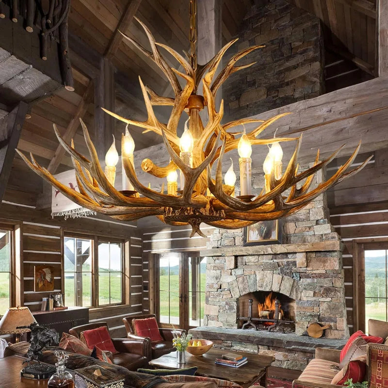 Antler Chandelier Lighting Double Layer, 14 Antlers + 8 Lights Retro Country Style Deer Horn Chandelier Lighting with E12 Base, Antler Lamp for Cafes, Bars, Kitchen