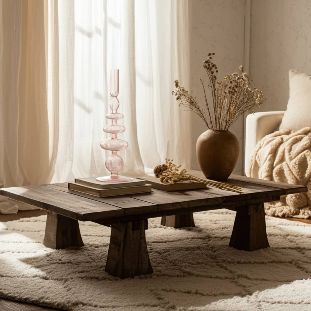 Glass Vintage Sculptural Taper Candle Holder - Pink 11 in.