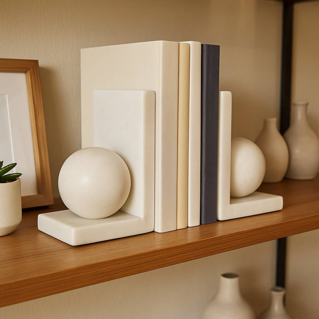 Bookends Set of 2 - White Marble Modern Orb, 6 in.