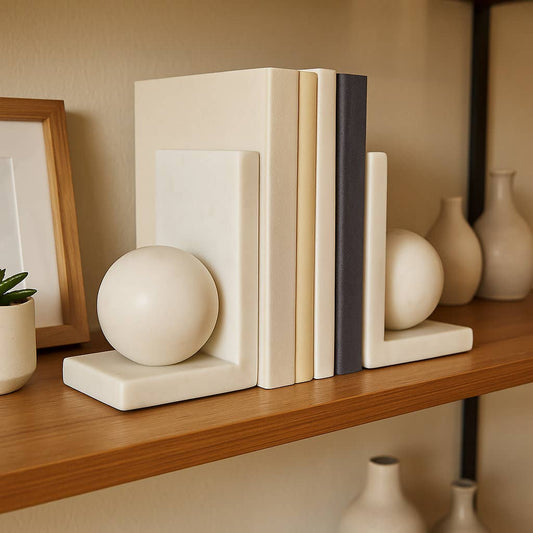 Bookends | Set of 2 - White Marble Modern Orb